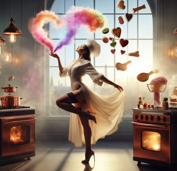 glamourous chef in steampunk kitchen with windiwn natural light cooking posing dancing singing illustration generative ai art