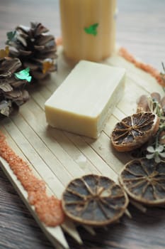 natural soap bar on table .