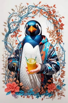 Penguin with a glass of juice in his hand. Watercolor illustration. AI Generated.