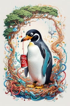 Penguin in the nest with a red pepsi can, 3d render. AI Generated.