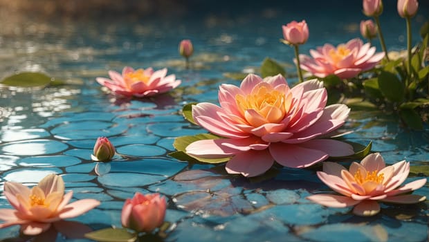Beautiful pink water lily flowers floating on the surface of the pool. AI Generated.