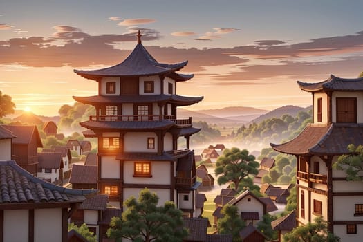 Traditional japanese architecture at sunset. 3d render illustration. AI Generated.