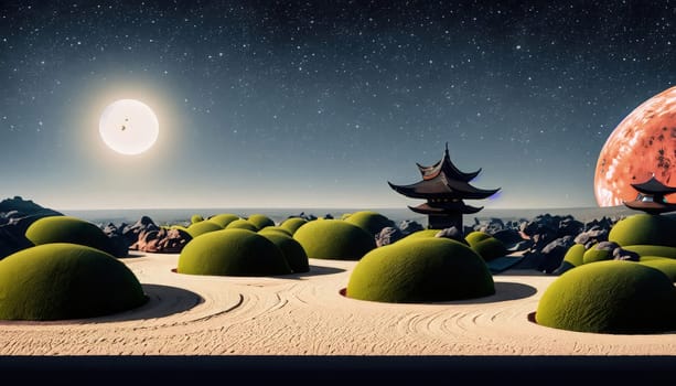 Beautiful fantasy landscape with moon and chinese traditional building. 3d rendering. AI Generated.