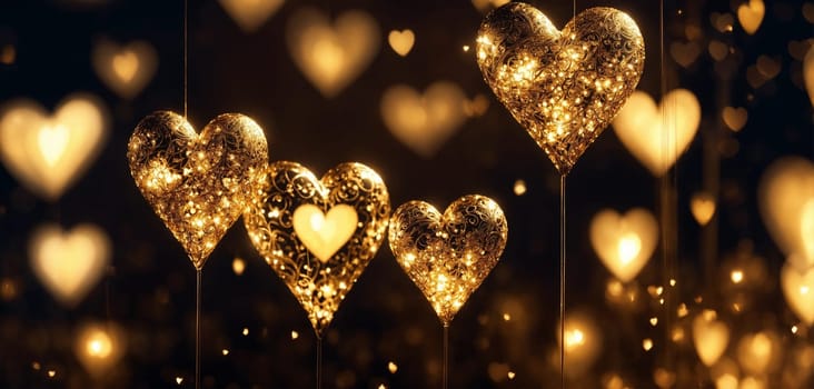 beautiful golden heart on a black background. holidays selective focus. Generative AI,