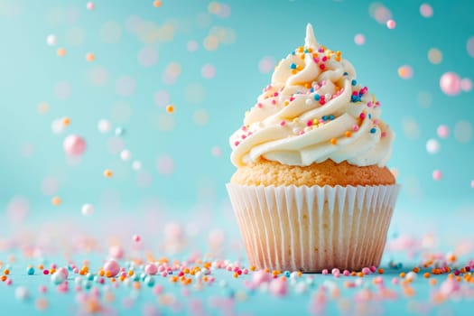 A beautiful cupcake with blue and pink toppings. AI generated.