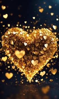 beautiful golden heart on a black background. holidays selective focus. Generative AI,