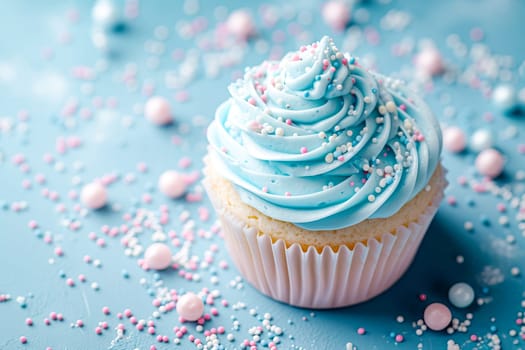 A beautiful cupcake with blue and pink toppings. AI generated.