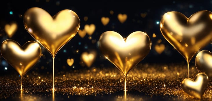 beautiful golden heart on a black background. holidays selective focus. Generative AI,