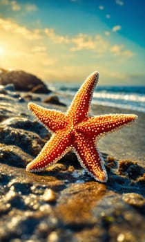 Starfish on the beach in the sea. selective focus. Generative AI,