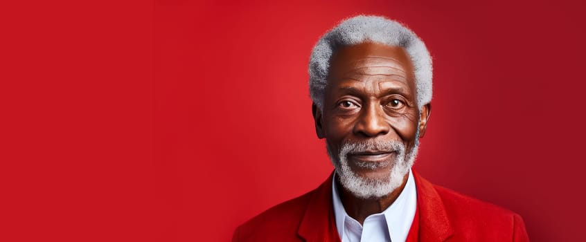 Handsome elegant, elderly African American man, on a red background, banner, close-up, copy space. Advertising of cosmetic products, spa treatments, shampoos and hair care products, dentistry and medicine, perfumes and cosmetology for senior men.