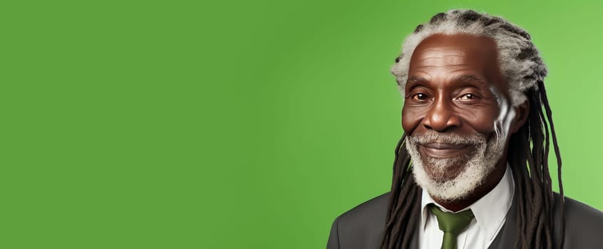 Handsome elderly black African American man with long dreadlocked hair light green background, banner. Advertising of cosmetic products, spa treatments, shampoos and hair care products, dentistry and medicine, perfumes and cosmetology for senior men.