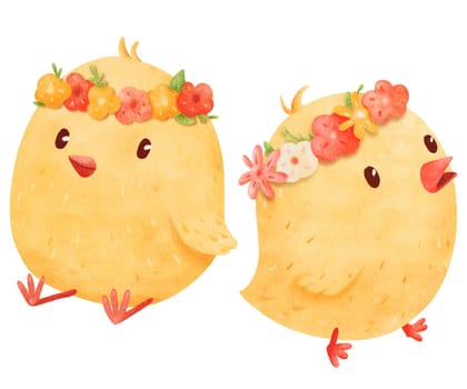 Set of two newborn fluffy chicks. The cute birds wear festive floral crowns on their heads in this children's watercolor illustration. Perfect for conveying a sweet and celebratory atmosphere.