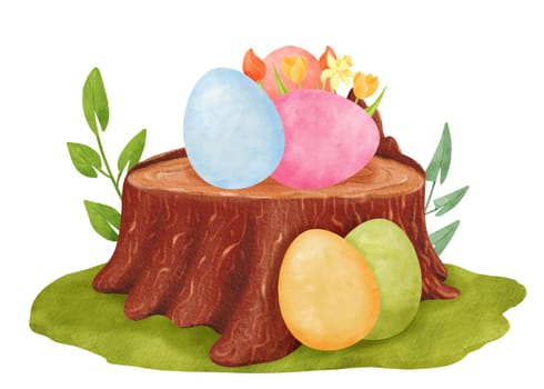 Easter watercolor composition. an old brown stump, delicate green shoots, and an array of colorful eggs. This charming scene is perfect for creating festive and vibrant designs, for cards, prints.