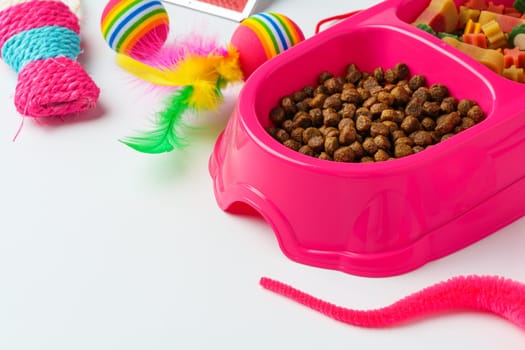Bowl with dry pet food isolated on white background close up