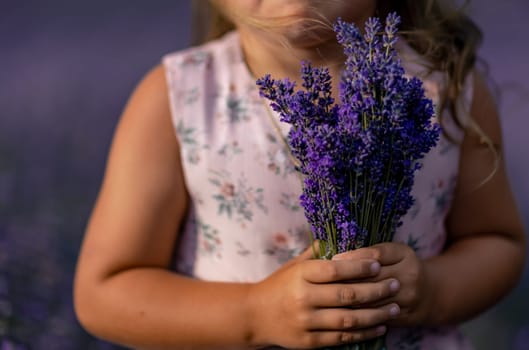 girl lavender field in a pink dress holds a bouquet of lavender on a lilac field. Aromatherapy concept, lavender oil, photo shoot in lavender.