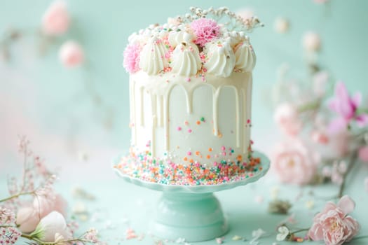 Beautiful cake with cake sprinkles in blue and pink colors. AI generated.