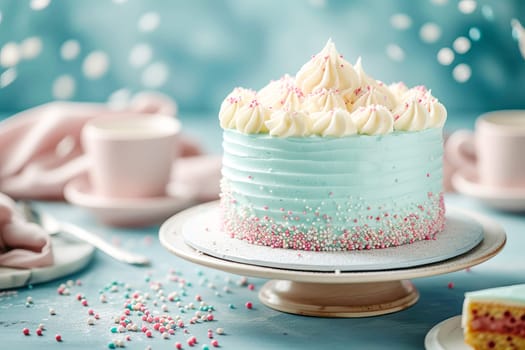 Beautiful cake with cake sprinkles in blue and pink colors. AI generated.