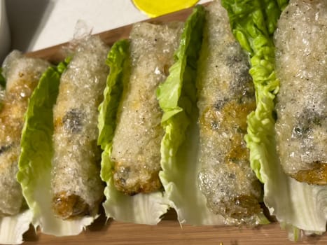 Asian nem dish on a bed of salad. High quality photo