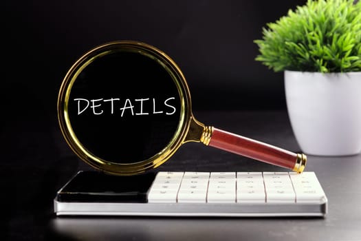 DETAILS text seen with a magnifying glass on a black background