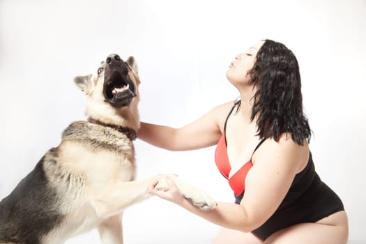Portrait of attractive thick woman in red black swimsuit with big dog shepherd on white background. Body positive, selfie of Funny plus size model