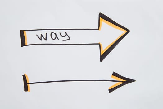 Thick and thin Hand drawn black marker arrows. Concept of business, choosing direction, moving forward. Abstract sign, background, texture. Blurred
