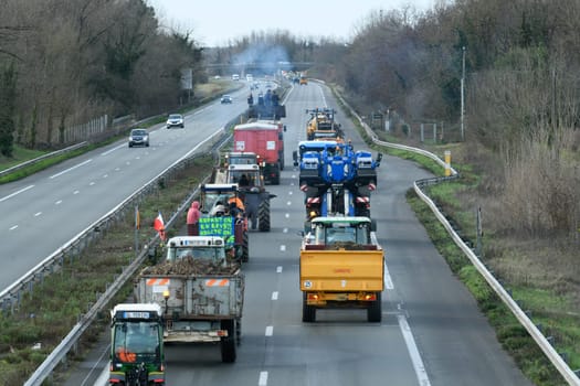 France, Bordeaux, 29 January 2024, Farmers' demonstration, blockade of the Langon toll plaza and snail mail operation on the A62 motorway. High quality 4k footage