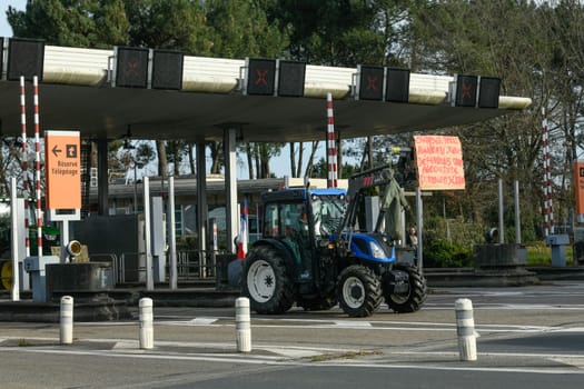 France, Bordeaux, 29 January 2024, Farmers' demonstration, blockade of the Langon toll plaza and snail mail operation on the A62 motorway. High quality 4k footage