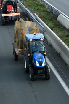 France, Bordeaux, 29 January 2024, Farmers' demonstration, blockade of the Langon toll plaza and snail mail operation on the A62 motorway. High quality 4k footage