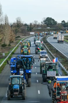 France, Bordeaux, 29 January 2024, Farmers' demonstration, blockade of the Langon toll plaza and snail mail operation on the A62 motorway. High quality 4k footage