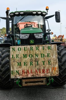 France, Bordeaux, 29 January 2024, Farmers' demonstration, blockade of the Langon toll plaza and snail mail operation on the A62 motorway. High quality 4k footage