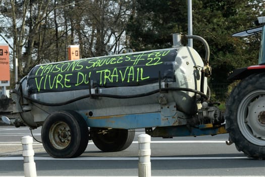 France, Bordeaux, 29 January 2024, Farmers' demonstration, blockade of the Langon toll plaza and snail mail operation on the A62 motorway. High quality 4k footage