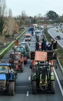 France, Bordeaux, 29 January 2024, Farmers' demonstration, blockade of the Langon toll plaza and snail mail operation on the A62 motorway. High quality 4k footage