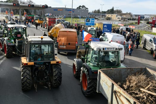 France, Bordeaux, 29 January 2024, Farmers' demonstration, blockade of the Langon toll plaza and snail mail operation on the A62 motorway. High quality 4k footage