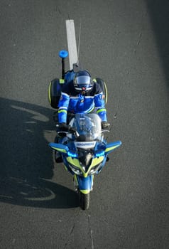 France, Bordeaux, 29 January 2024, Farmers' demonstration, mobile gendarmes on their motorbikes securing a demonstration by French farmers on a motorway in south-west France. High quality 4k footage