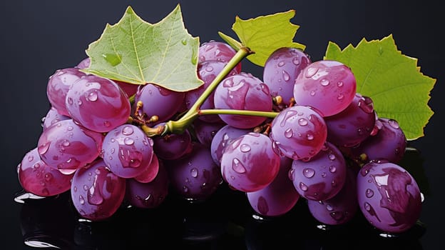 A bunch of large red grapes with leaves and water drops on a dark background.
