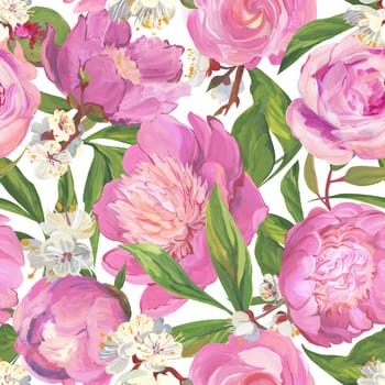 Botanical seamless pattern with peonies and sakura branches drawn in gouache for textile and design