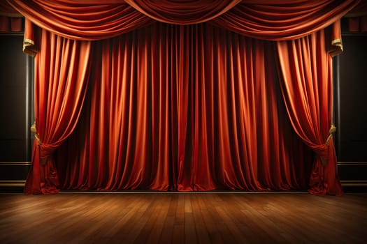 Empty stage with red theater curtain in the rays of spotlights. Concept for performance, show, concert, theater.