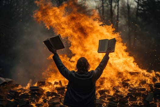 A man throws books into a huge fire.