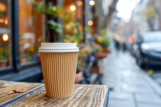 Eco-frendly paper takeaway coffee cup on the table of a sidewalk cafe. AI generated.