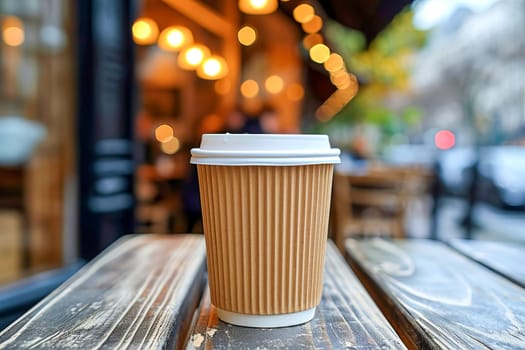 Eco-frendly paper takeaway coffee cup on the table of a sidewalk cafe. AI generated.