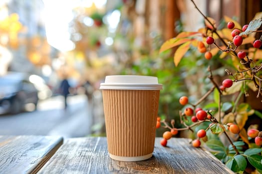 Eco-frendly paper takeaway coffee cup on the table of a sidewalk cafe. AI generated.