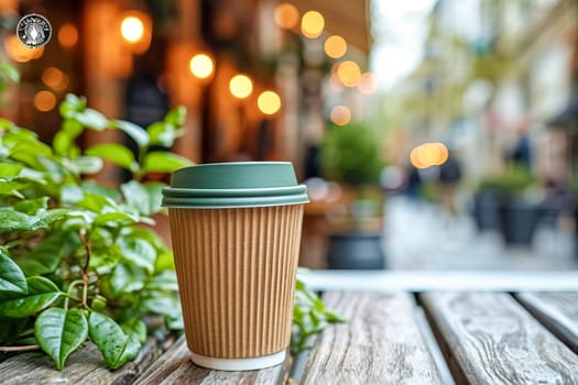 Eco-frendly paper takeaway coffee cup on the table of a sidewalk cafe. AI generated.