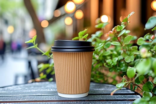 Eco-frendly paper takeaway coffee cup on the table of a sidewalk cafe. AI generated.