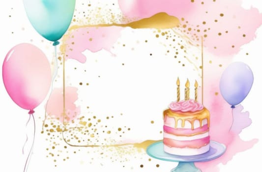 Birthday invitation with balloons and cake with space for text in the middle