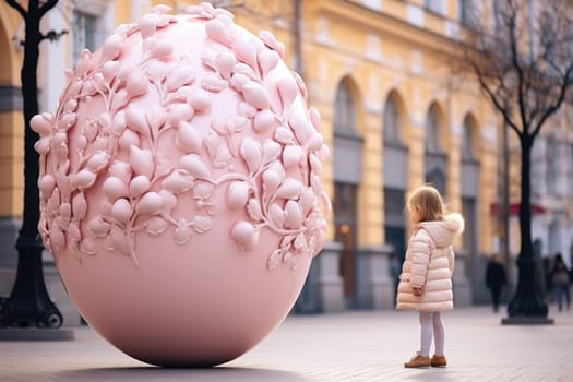 Easter holiday celebration. little girl looking at a big egg stands on a street full of pink flowers, pastel pink colors. ai generated