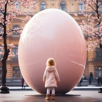 Easter holiday celebration. little girl looking at a big egg stands on a street full of pink flowers, pastel pink colors. ai generated