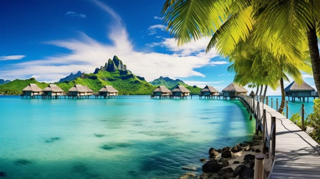 Quiet and calm lagoon on the island with crystal clear, azure water bungalows over the water and palm trees