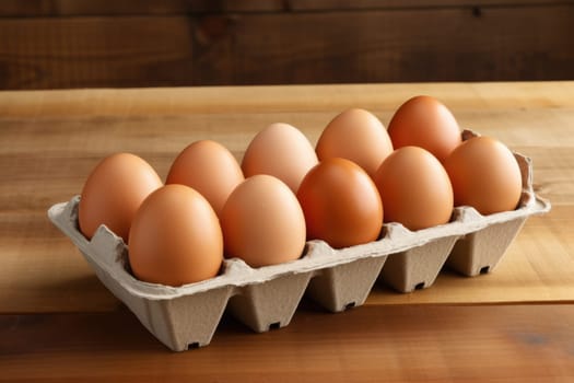 Open egg box with ten brown eggs isolated on wooden background. ai generated