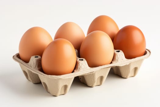 Open egg box with ten brown eggs isolated on white background. ai generated
