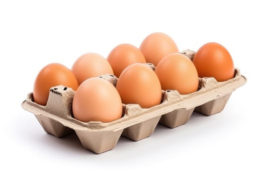 Open egg box with ten brown eggs isolated on white background. ai generated